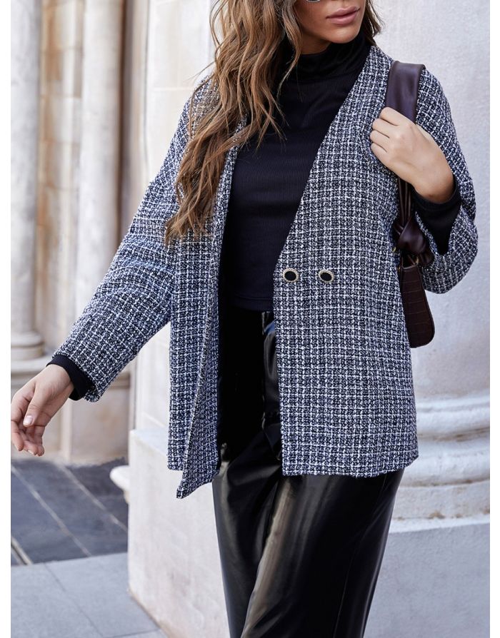 Fall Women New Fashion Knitted Two Buttons Long Sleeve Plaid Loose Short Woolen Coat
